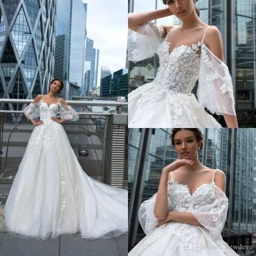 2019 Lace Wedding Dresses Lace Appliques Illusion Castle Bridal Gowns Sweep Train A Line Wedding Dress robe de mariee