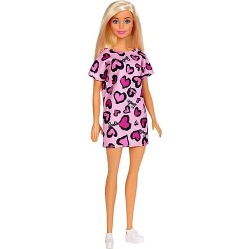 Barbie Doll, Blonde, Wearing Pink Heart-Print Dress and Platform Sneakers Birthday Gifts Toys For Girls T7439-GHW45