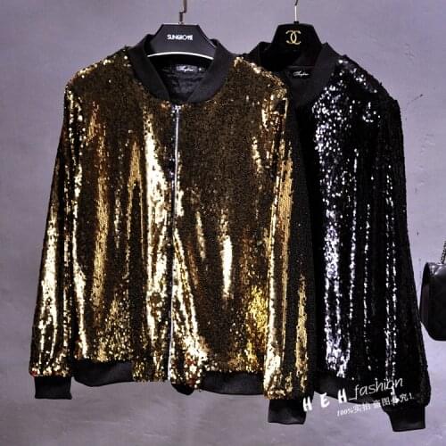 Cakucool Women All Sequined Bomber Jackets Zipper Embellish Long Sleeve Outerwear Gold Black Beading Coats Jacket Women Plus