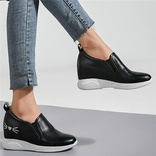 Fashion Sneakers Women Genuine Leather Wedges High Heel Ankle Boots Female Low Top Breathable Platform Pumps Shoes Casual Shoes