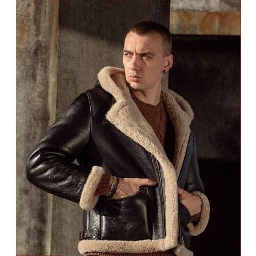 New Lamb Shearling Hooded Motorcycle Leather Fur Coat Mens Thickened Casual