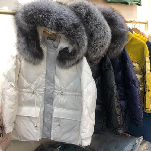 2020 New Silver Fox Fur Collar Mid-Length down Jacket Womens Slim Waist Short-Height Padded Jacket