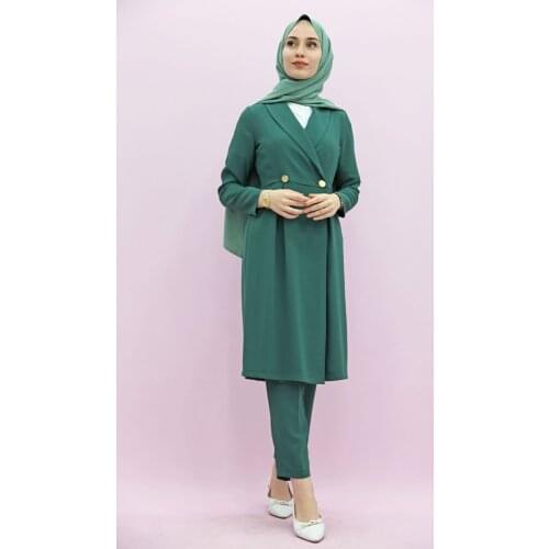New Season Summer Trend Muslim Dress Double Breasted Collar Suit Emerald