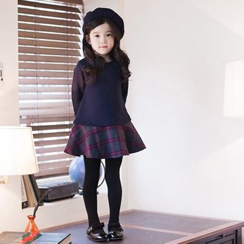 Autumn Winter Kids Dresses for Girls Long Sleeve Plaid Patchwork Princess Dress Korean Style Cotton Girls Dress 90-170cm BC480