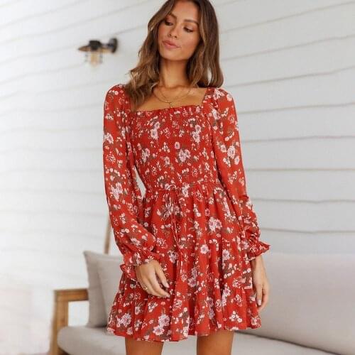 Autumn Floral Print Mini Dress 2021 Women Fashion Square Neck Long Sleeve Lace-up Ruffles Dresses Woman Casual Party Beach Dress