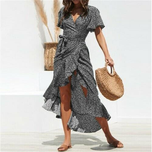 Holiday Sexy Sundress Women Casual Boho Floral Print Wrapped Long Dress Ladies Beach Party Clothes Short Sleeve Ruffle Vestidos