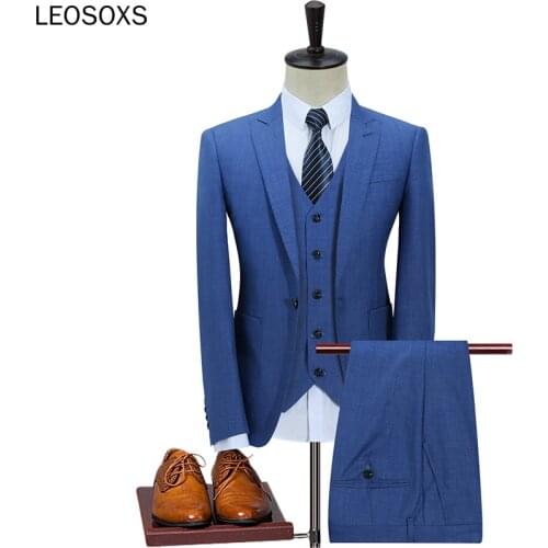 Slim Fit Men Suits For Wedding One Button Dark Blue Light Blue Mens Formal Suits Spring Autumn 3 Piece Suit