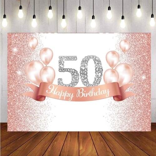 Rose Gold 50th Photo Backdrop Pink Balloon Lady Happy Birthday Party Photography Background Banner Decorations Supplies