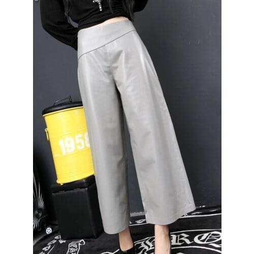 Gray Black Red Women Real Trousers Plus Size 4XL Sheepskin Genuine Leather Loose Wide Leg Pants Office Lady Streetwear