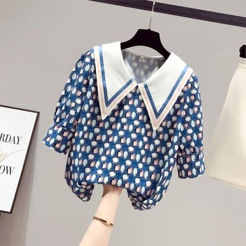 Short-sleeved chiffon shirt womens summer thin section 2021 new floral t-shirt doll collar top