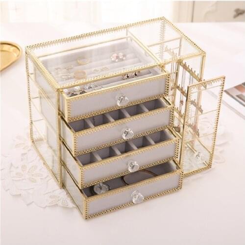 Retro European Jewelry Box Nordic Style Glass Gold Copper Edge Earrings Ring Necklace Dust Storage Box
