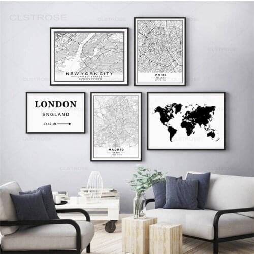 Modern New York Paris London City World Maps Custom Made Black White Canvas Paintings Poster Print Wall Art Picture Home Decor
