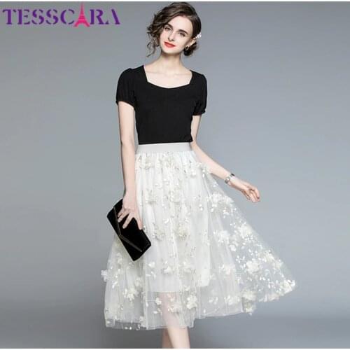 TESSCARA Women Summer Elegant Appliques Mesh Dress Suit Set High Quality Long Wedding Party Robe Femme Vintage Designer Vestidos
