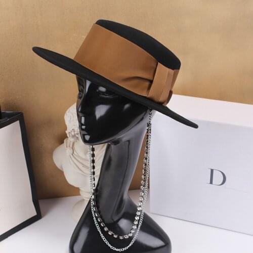 Spring Winter Brown Ribbon Wool Rhinestone Chain Lady Fedoras Cap Women Leisure Panama Jazz Hat