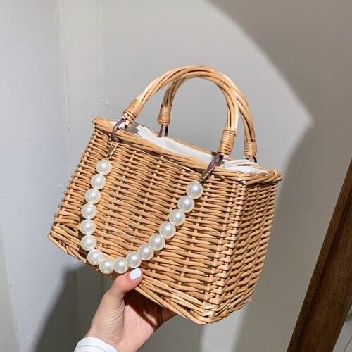 Bags for Women 2021 Handmade Summer Straw Beach Rattan Woven Pearl Beading brand Design Handbags Travel Female Shoulder Bag Tot
