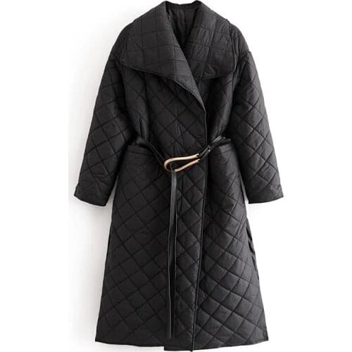 2020 Autumn And Winter New Silhouette Diamond Check Cotton Coat Lapel Side Slit Waist Belt Mid-Length Warm Womens Jacket