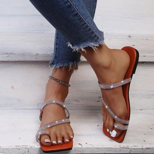 Women Summer Rhinestone Slippers Women Flat Slides 2021 New Womens Sandals Square Toe Rhinestone Flip Flops Beach Shoes Diamond