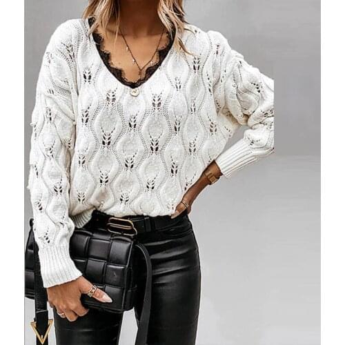 Woman Elegant Lace Knitted Sweater Autumn Sexy V Neck Hollow Out Loose Tops Pullovers Winter Casual Long Sleeve Solid Sweaters
