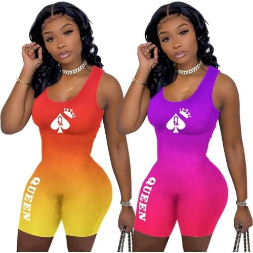 Gradient Tank Sleeveless Playsuit Shorts Women One Piece Club Outfit Summer Fashion Poker Q Printed Rompers Sexy Short Jumpsuit