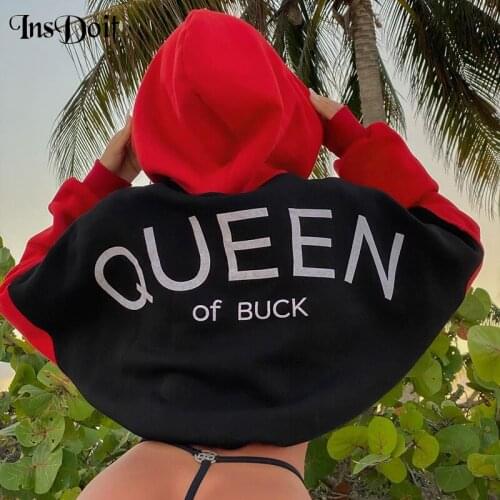 InsDoit Gothic Patchwork Pullovers Hoodies Women Autumn Streetwear Punk Harajuku Print Vintage Hooded Fashion Sexy Red Crop Top