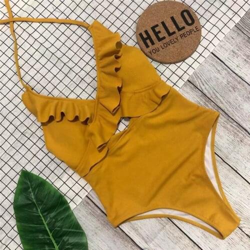 2021 Sexy Swimsuit Women Push Up One Piece Swimsuit Soild High Waist Swimwear Female Ruffled Bodysuit Monokini Plus Size XXL