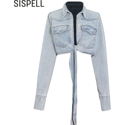 SISPELL Lace Up Bowknot Denim Coats For Female Lapel Collar Long Sleeve High Waist Slimming Cropped Womens Casual Coat New