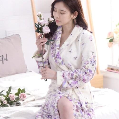 2020 Women Autumn Winter Thick Warm Flannel Kimono Bathrobe Bride Nightgown Female lavender Printed Bath Lingerie Robe Sleepwear