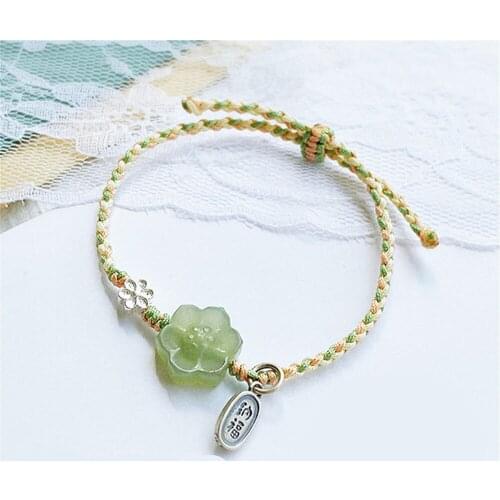 Natural Green Hetian Jade Flowers Handmade Rope Weaving Lucky Bracelet 925 Silver Pendant Bohemia Vintage Charm Jewelry