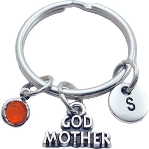 Godmother Keychains Creative Initial Letter Monogram Birthstone Keyrings Fashion Jewelry Women Gifts Pendants