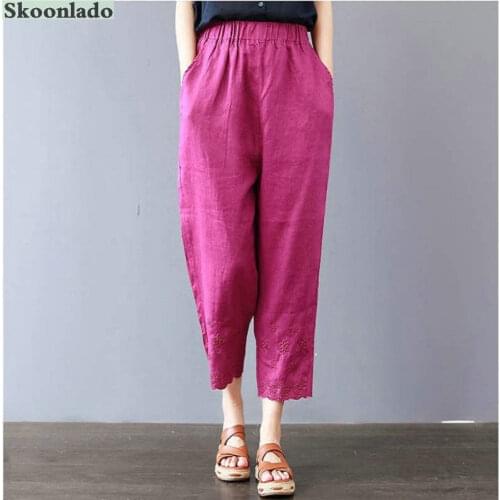 New women cotton linen pants embroidery plus size linen harem pants comfortable loose casual retro nine point trousers fashion