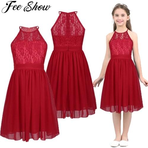 Children Kids Girls Lace Chiffon Halter Neck Flower Girls Dress Princess Pageant Wedding Bridesmaid Birthday Party Summer Dress