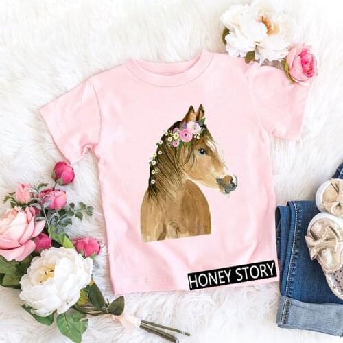 Cute Baby Girls T shirt Pink Tshirt Floral Horse/Teddy/Flamigo/Rabbit/Bear Animal Print Harajuku Kawaii Summer Kids Clothes Tops