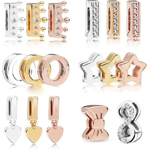 Sterling Clip Charms Fit Original Pan Reflexions Bracelets for Women Rose Gold Color Jewelry
