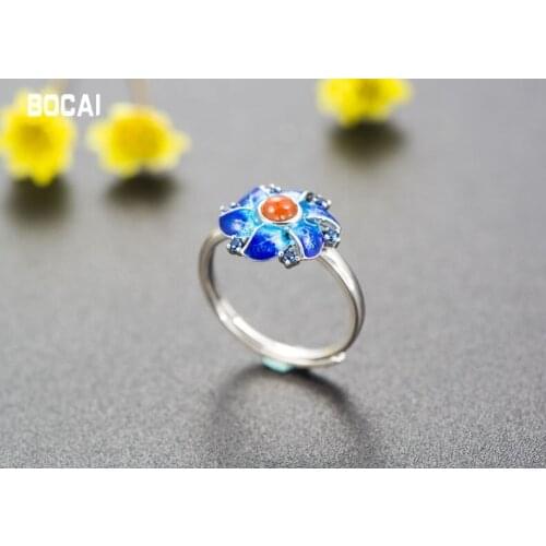 S925 sterling silver cloisonne ring roast blue beeswax Natural stone lapis lazuli south red flower ring
