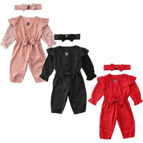 2020 Summer Fashion Toddler Baby Girls Rompers Headband Lace Ruffles Long Sleeve Floral Overalls Clothes 0-5Y