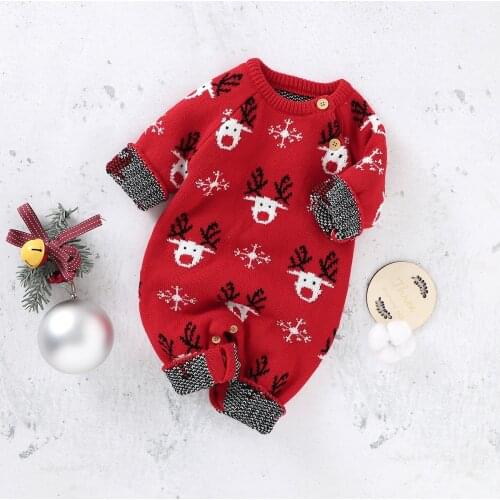 FOCUSNORM 0-24M Christmas Newborn Baby Girls Boys Rompers Long Sleeve Knit Cartoon Deer Printed Jumpsuits Outfits