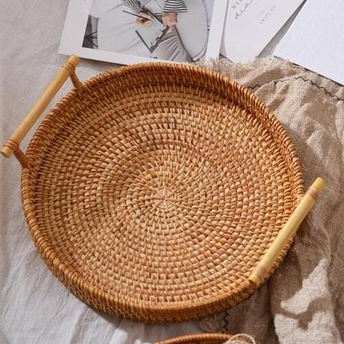 Round Tray Handmade Food Storage Holder with Handle Drink Snack Basket Organizer rangement