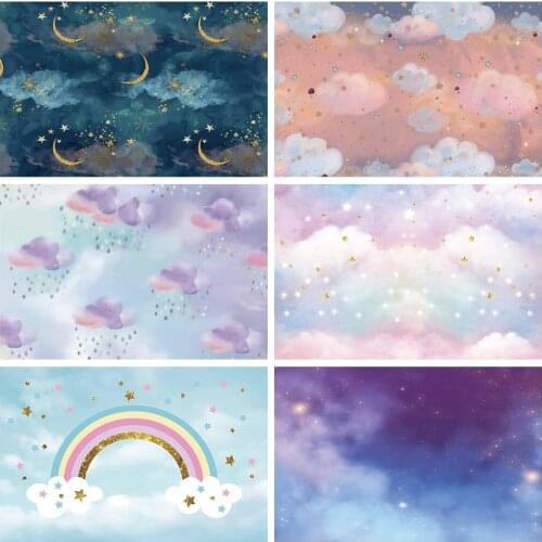 Laeacco Baby Shower Photocall Cloudy Sky Rainbow Stars Moon Children Kids Newborn Backdrops Photography Backgrounds Photo Studio