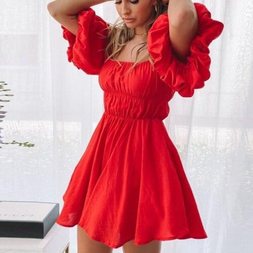 Hirigin Women Elegant Short Puff Sleeve Mini Dress Sexy Off Shoulder Party Slash Neck Summer High Waist Beach Dress Vestidos