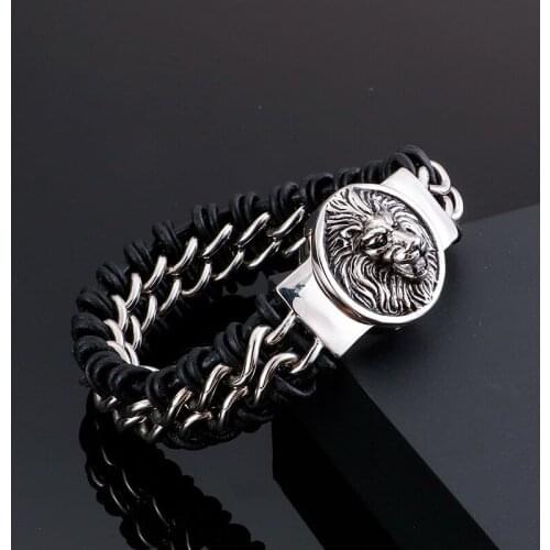 New jewelry wolf head lion head animal shape leather bracelet stainless steel mens bracelet