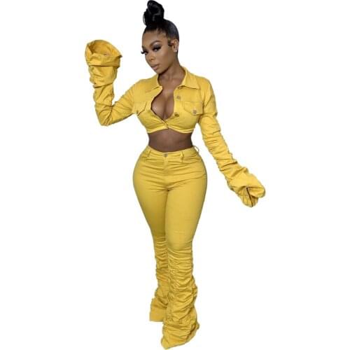 Adogirl Solid Ruched Two Piece Set Long Sleeve Crop Top Jacket Pencil Pants