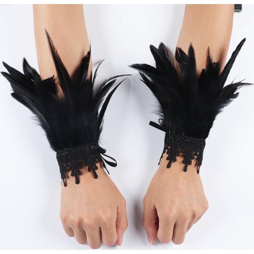 Punk Gothic Feather Wrist Cuff Gloves Carnival Stage Show Showgirl Natural Dyed Rooster Feather Arm Warmer Party Cosplay Costume