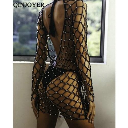 2019 Sexy Black Swimsuit Cover Up Women Backless Beachwear Dress Rhinestone Swimwear Bikini Cover- ups