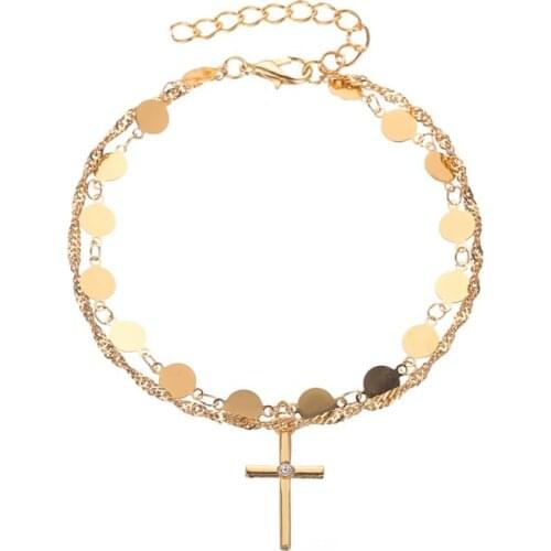 Cross Dangle Bright Golden White Circle Alloy Adjustable Fashion Simple Charm Bracelets For Women Girls