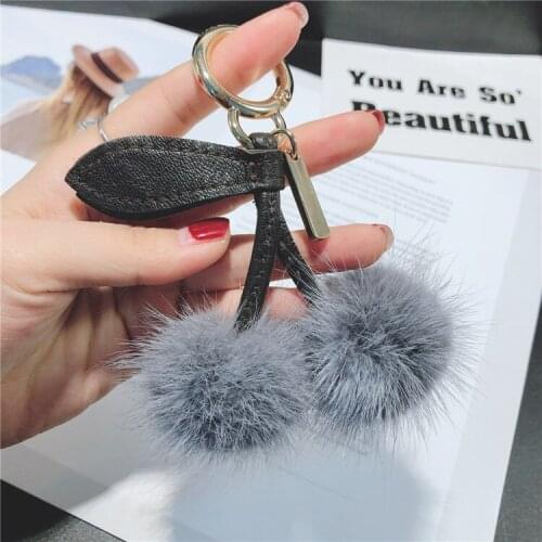 Luxury Mink Fur fluffy Pom pom Leather Keychain Keyring Cherry Bag Charm llavero pompon backpack Key chains holder chaveiro Gift