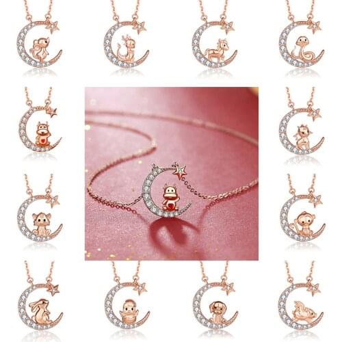 S925 Sterling Silver Rose Gold Plated Necklace For Women Length 45Cm Weight 3G Zodiac Year Star Moon Pendant Set Zircon Jewelry