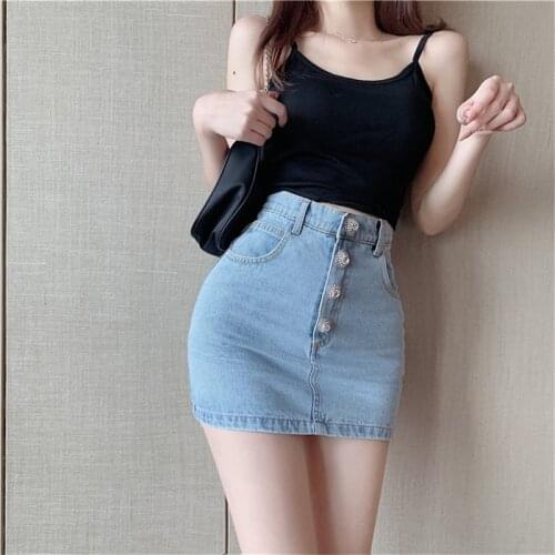 Heavy industry drill button high waist skirt slim fit hip denim skirt trend short light blue jean skirts female