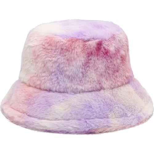 Women Winter Faux Fur Fluffy Bucket Hats Tie Dye Outdoor Warm Sun Hat Soft Velvet Furly Fisherman Cap Lady Fashion Panama Female
