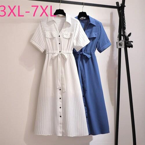 New summer plus size shirt dress for women large short sleeve loose blue white stripe V neck long dress belt 3XL 4XL 5XL 6XL 7XL