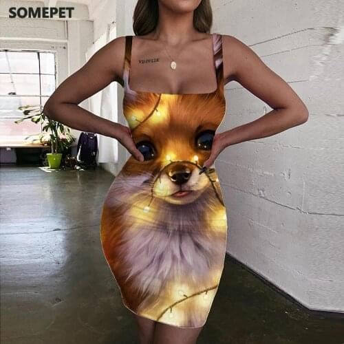 SOMEPET Fox Dresses Women Animal Bodycon Dress Christmas Vestido Sexy Lovely Halter Sleeveless Womens Clothing Club Vintage